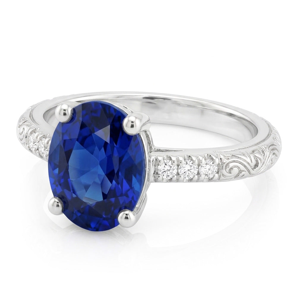 Anello solitario in stile antico con accenti blu zaffiro da 3,50 carati