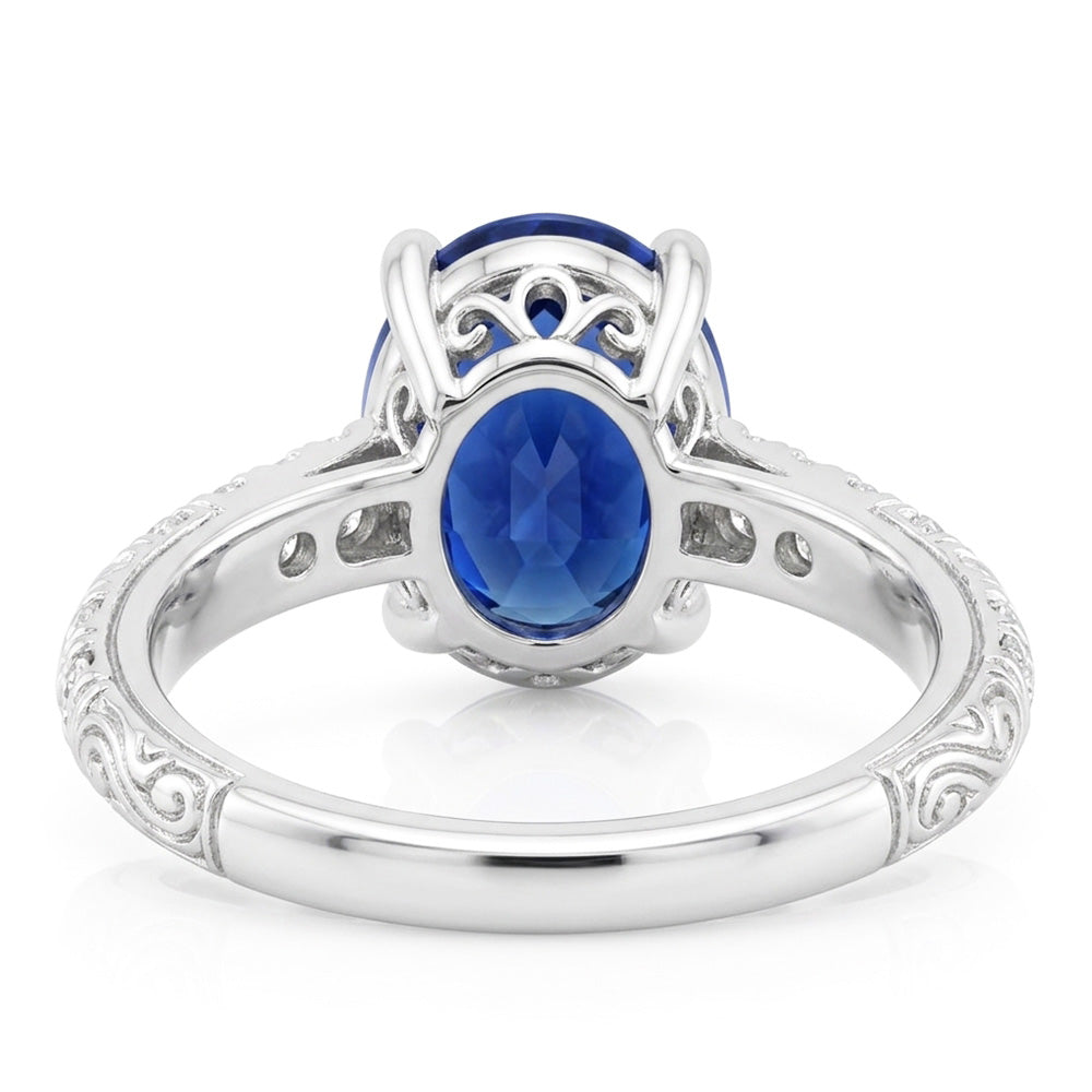 Anello solitario in stile antico con accenti blu zaffiro da 3,50 carati