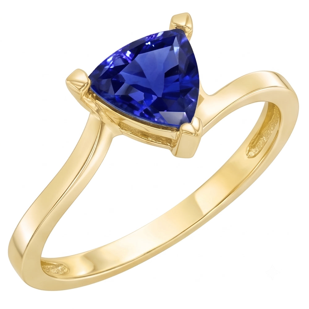 Anello solitario in stile bypass trilioni con zaffiro da 1,50 carati in oro giallo 14K