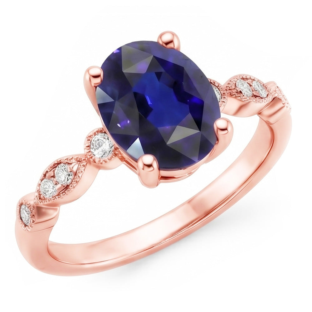 Anello solitario in stile vintage con accenti blu zaffiro 4 carati e diamanti in oro rosa 14K