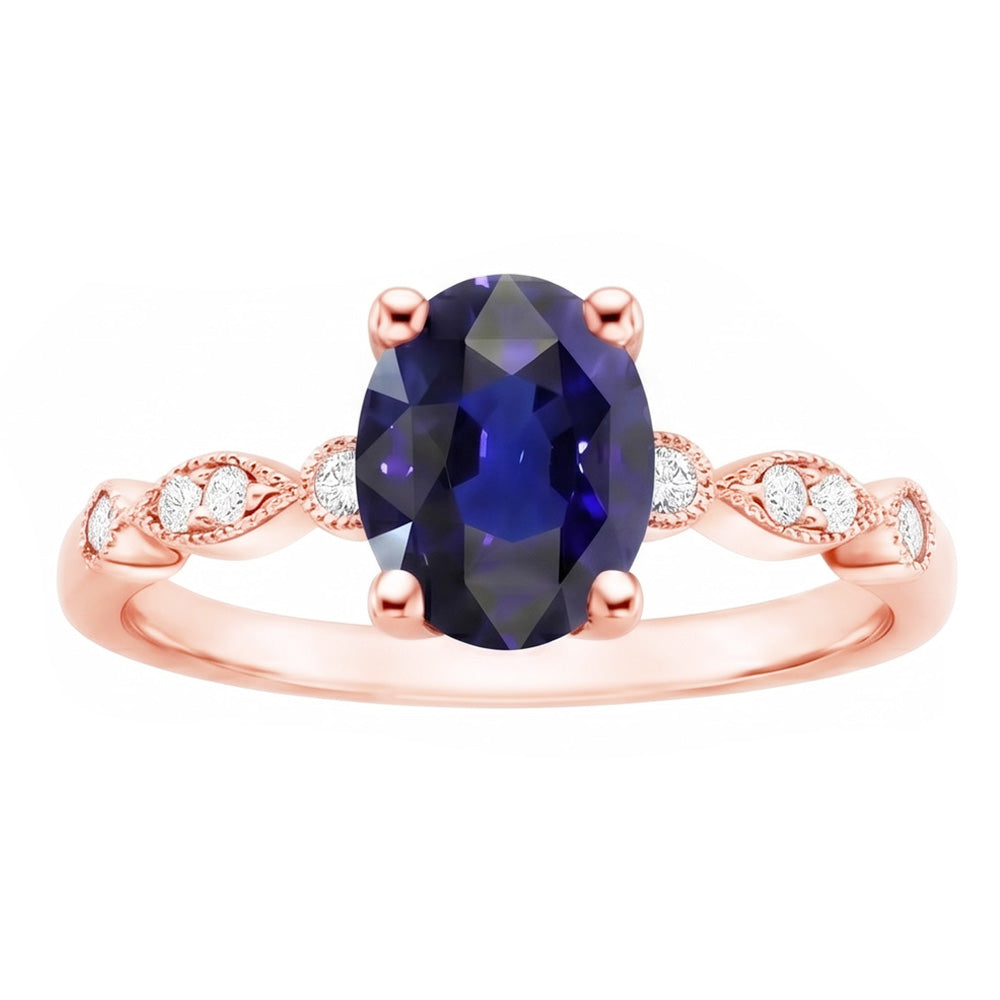 Anello solitario in stile vintage con accenti blu zaffiro 4 carati e diamanti in oro rosa 14K