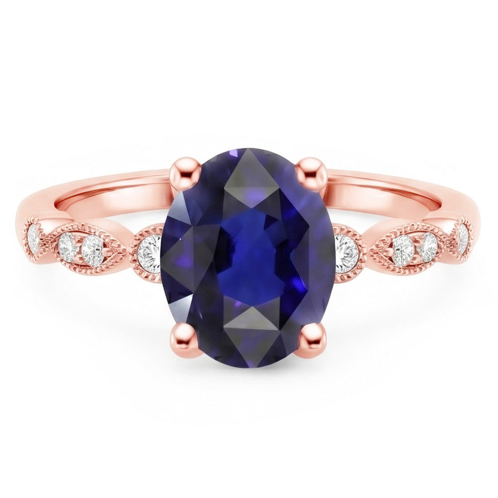Anello solitario in stile vintage con accenti blu zaffiro 4 carati e diamanti in oro rosa 14K