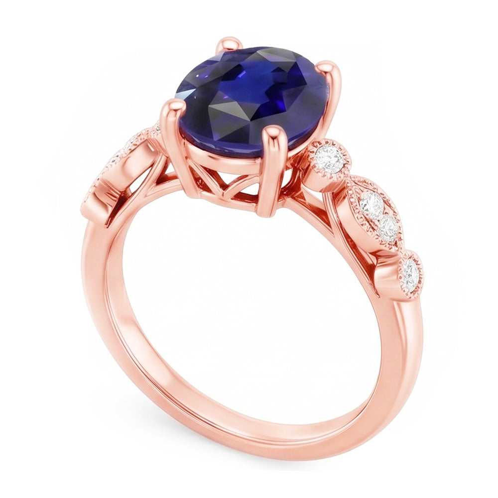 Anello solitario in stile vintage con accenti blu zaffiro 4 carati e diamanti in oro rosa 14K