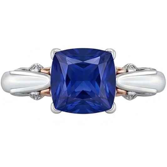 Anello solitario in stile vintage con zaffiro blu 2 carati in oro 14K bicolore