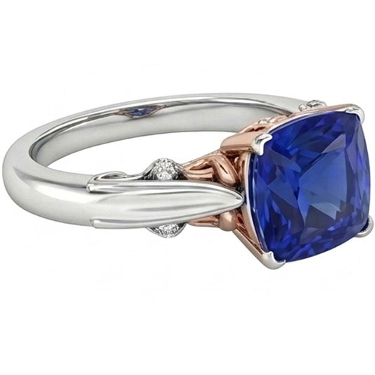 Anello solitario in stile vintage con zaffiro blu 2 carati in oro 14K bicolore