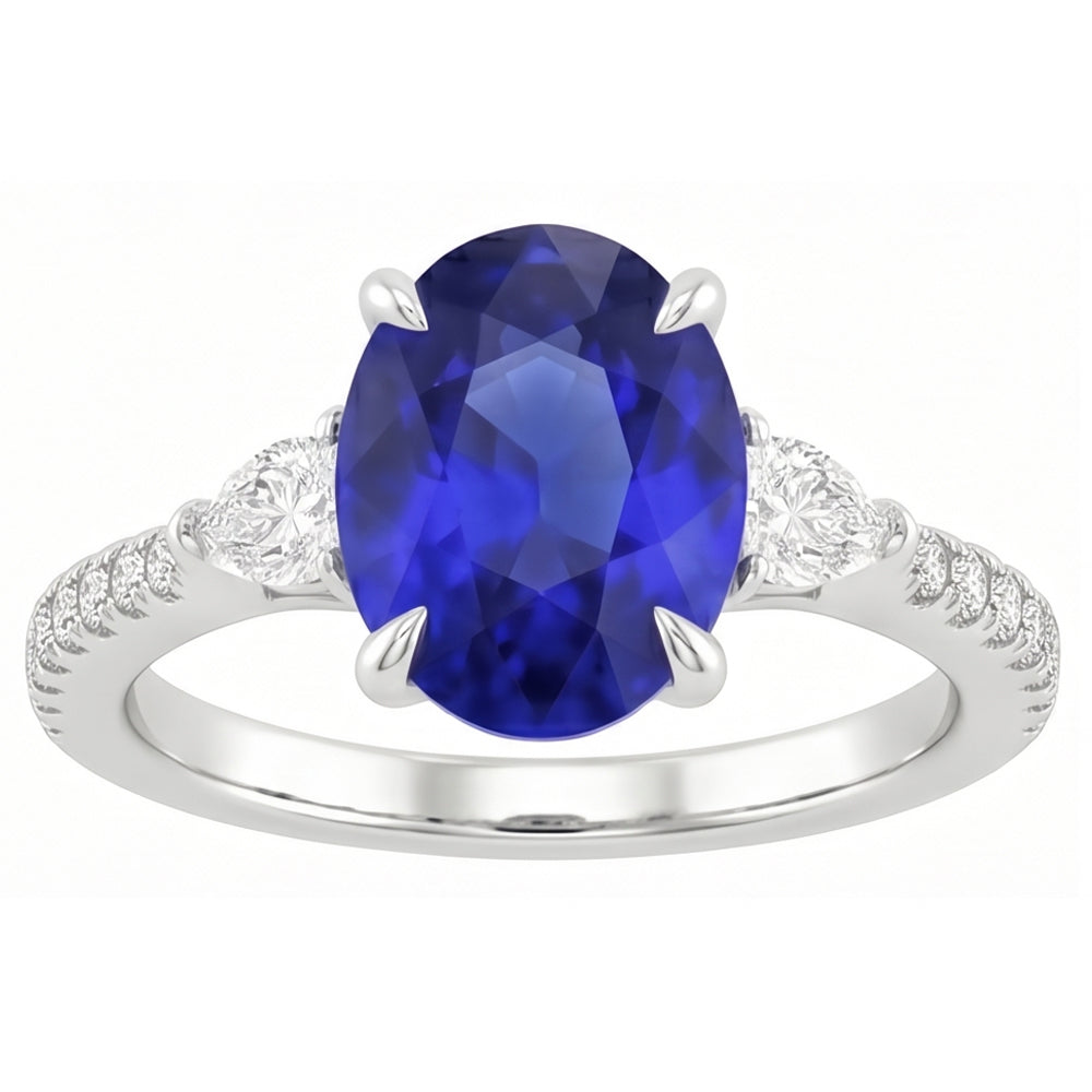 Anello solitario in zaffiro blu con pera e diamante rotondo 3 carati