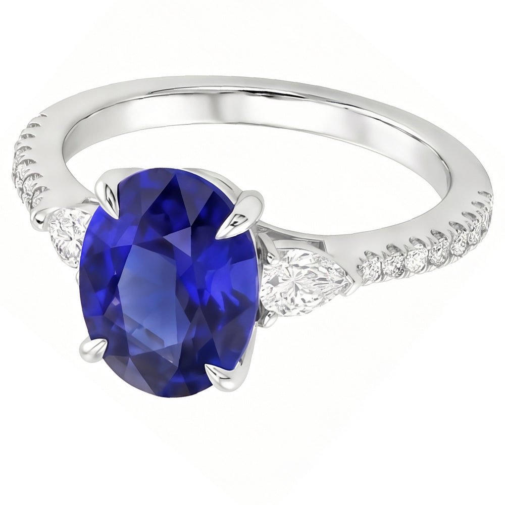 Anello solitario in zaffiro blu con pera e diamante rotondo 3 carati