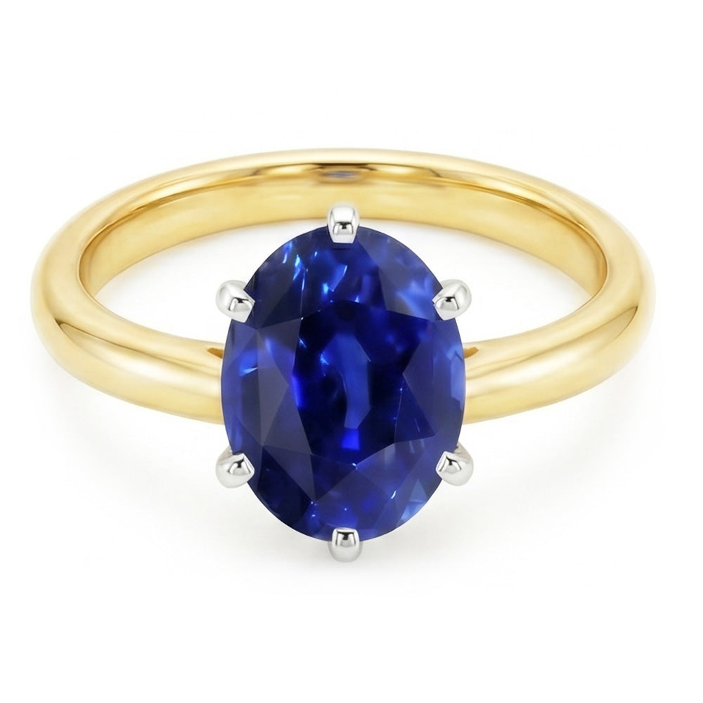 Anello solitario ovale con zaffiro dello Sri Lanka bicolore 2 carati con gambo spesso