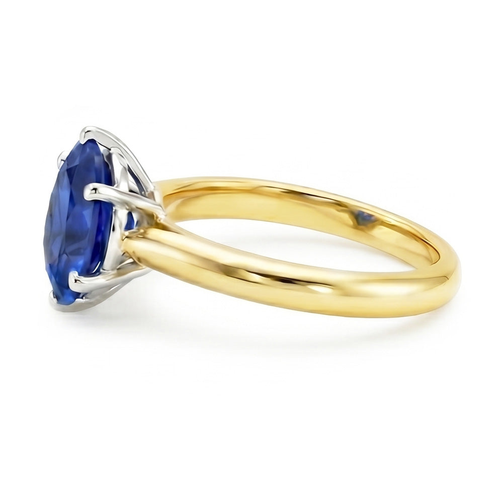 Anello solitario ovale con zaffiro dello Sri Lanka bicolore 2 carati con gambo spesso