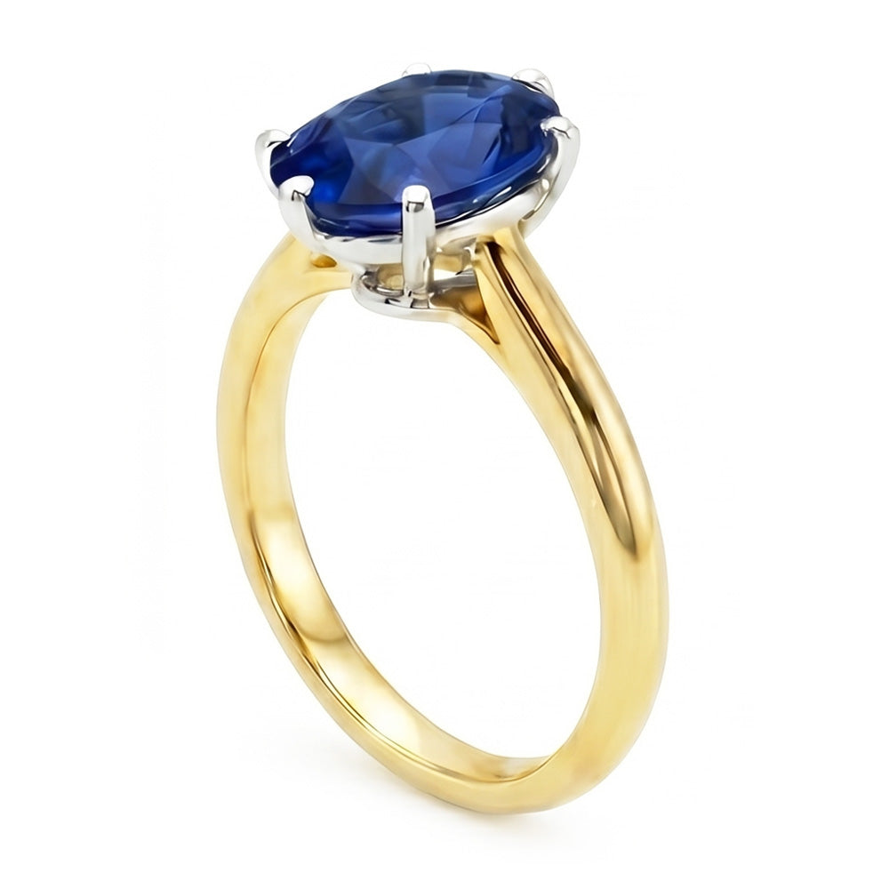 Anello solitario ovale con zaffiro dello Sri Lanka bicolore 2 carati con gambo spesso