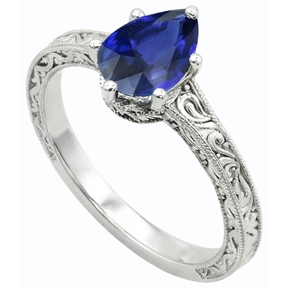 Anello solitario pera blu zaffiro stile antico 2 carati oro