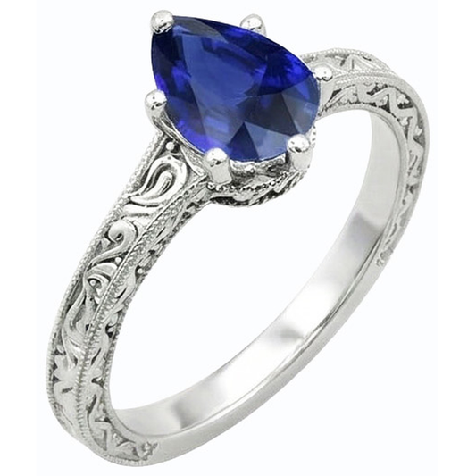Anello solitario pera blu zaffiro stile antico 2 carati oro