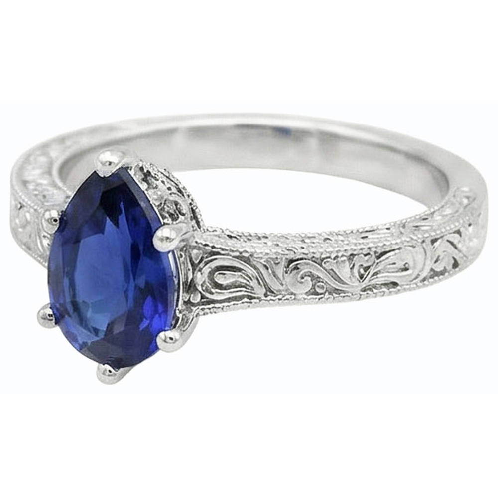 Anello solitario pera blu zaffiro stile antico 2 carati oro