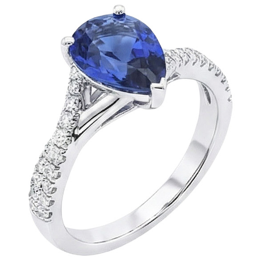 Anello solitario zaffiro blu oro bianco pavé di diamanti 4 carati