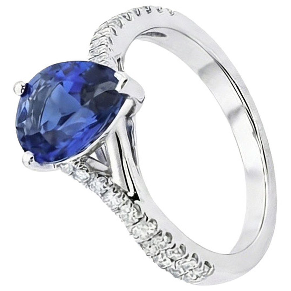 Anello solitario zaffiro blu oro bianco pavé di diamanti 4 carati