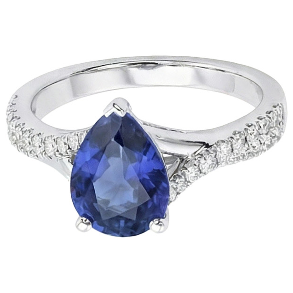 Anello solitario zaffiro blu oro bianco pavé di diamanti 4 carati