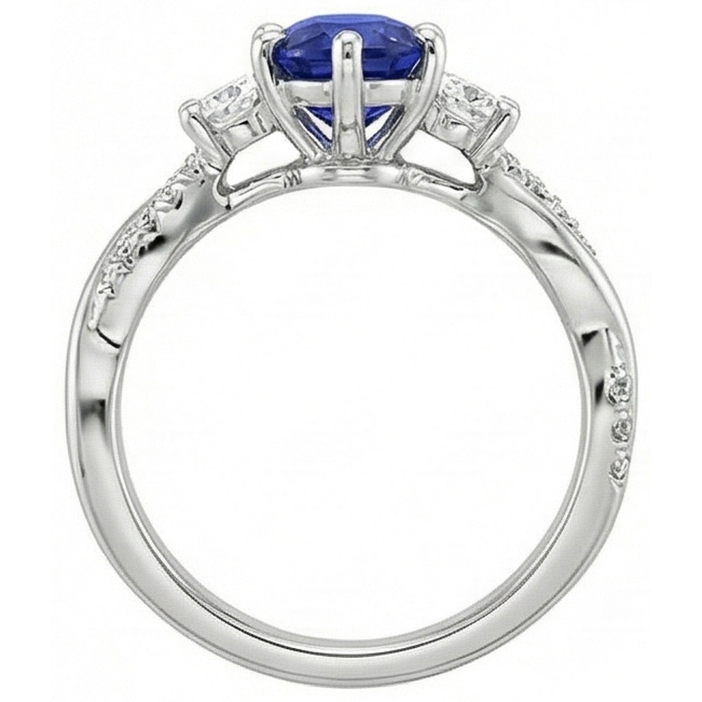 Anello stile 3 pietre con accenti diamante e zaffiro blu pera 6 carati