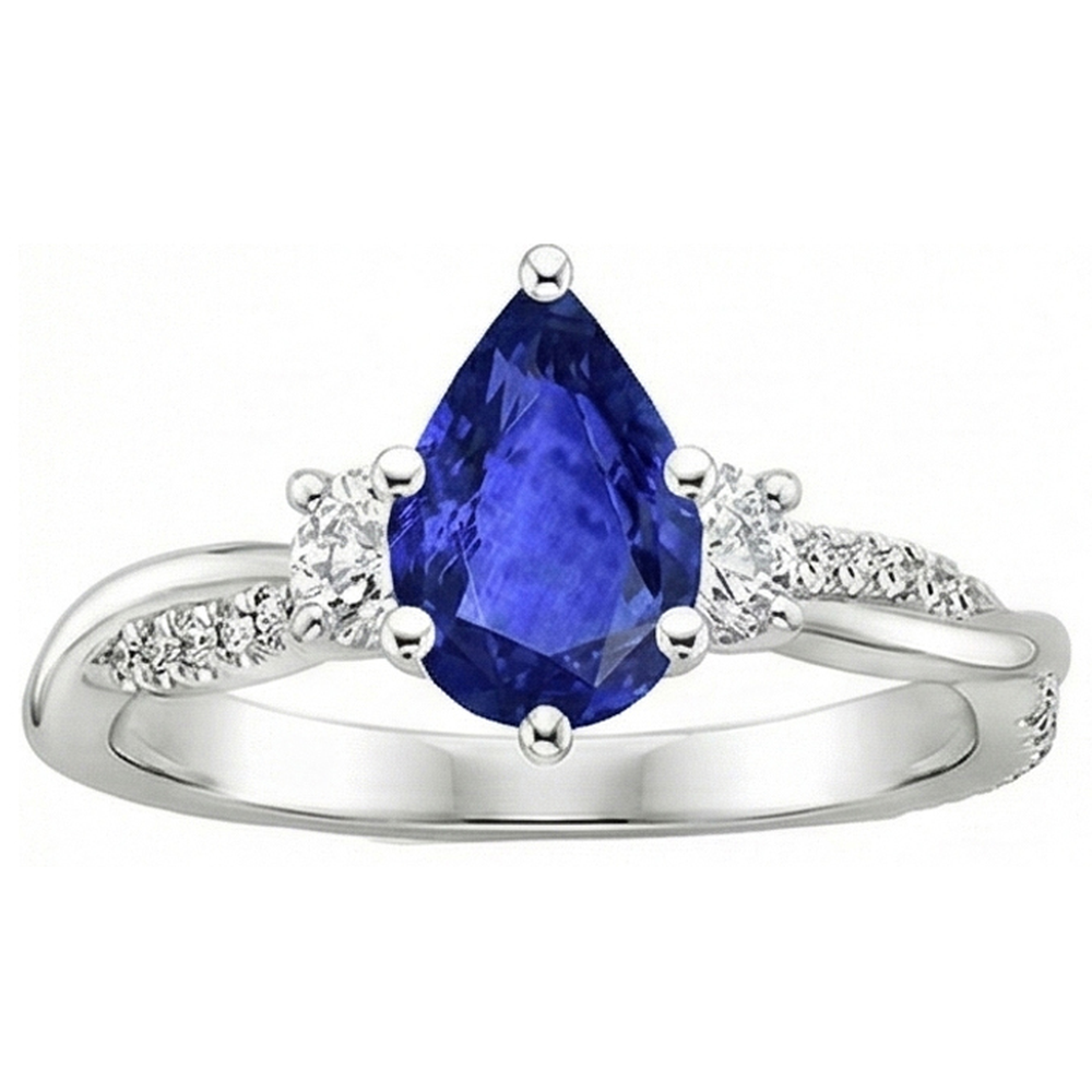 Anello stile 3 pietre con accenti diamante e zaffiro blu pera 6 carati
