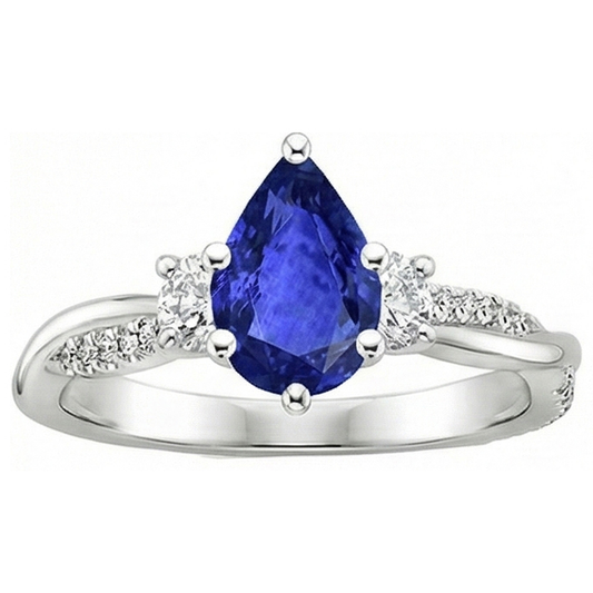 Anello stile 3 pietre con accenti diamante e zaffiro blu pera 6 carati