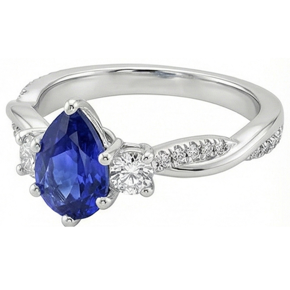 Anello stile 3 pietre con accenti diamante e zaffiro blu pera 6 carati