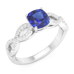 Anello stile infinito con pietra preziosa blu zaffiro cuscino da 3 carati e diamante in oro bianco 14K