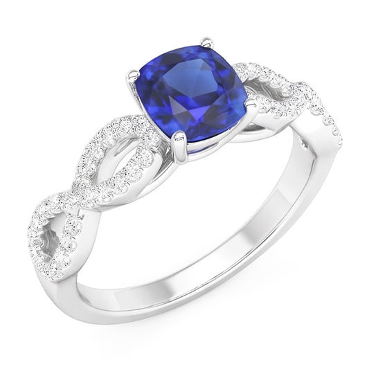 Anello stile infinito con pietra preziosa blu zaffiro cuscino da 3 carati e diamante in oro bianco 14K