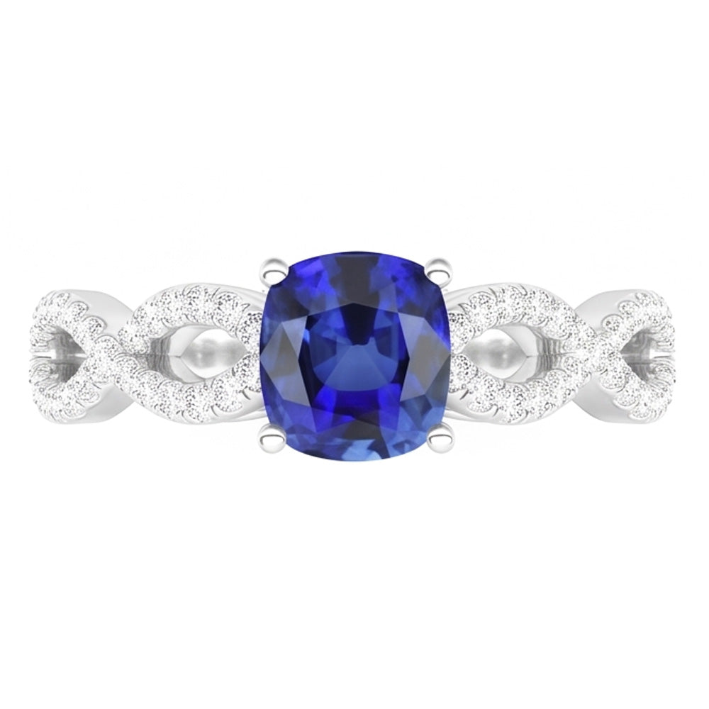 Anello stile infinito con pietra preziosa blu zaffiro cuscino da 3 carati e diamante in oro bianco 14K