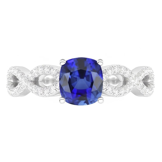 Anello stile infinito con pietra preziosa blu zaffiro cuscino da 3 carati e diamante in oro bianco 14K