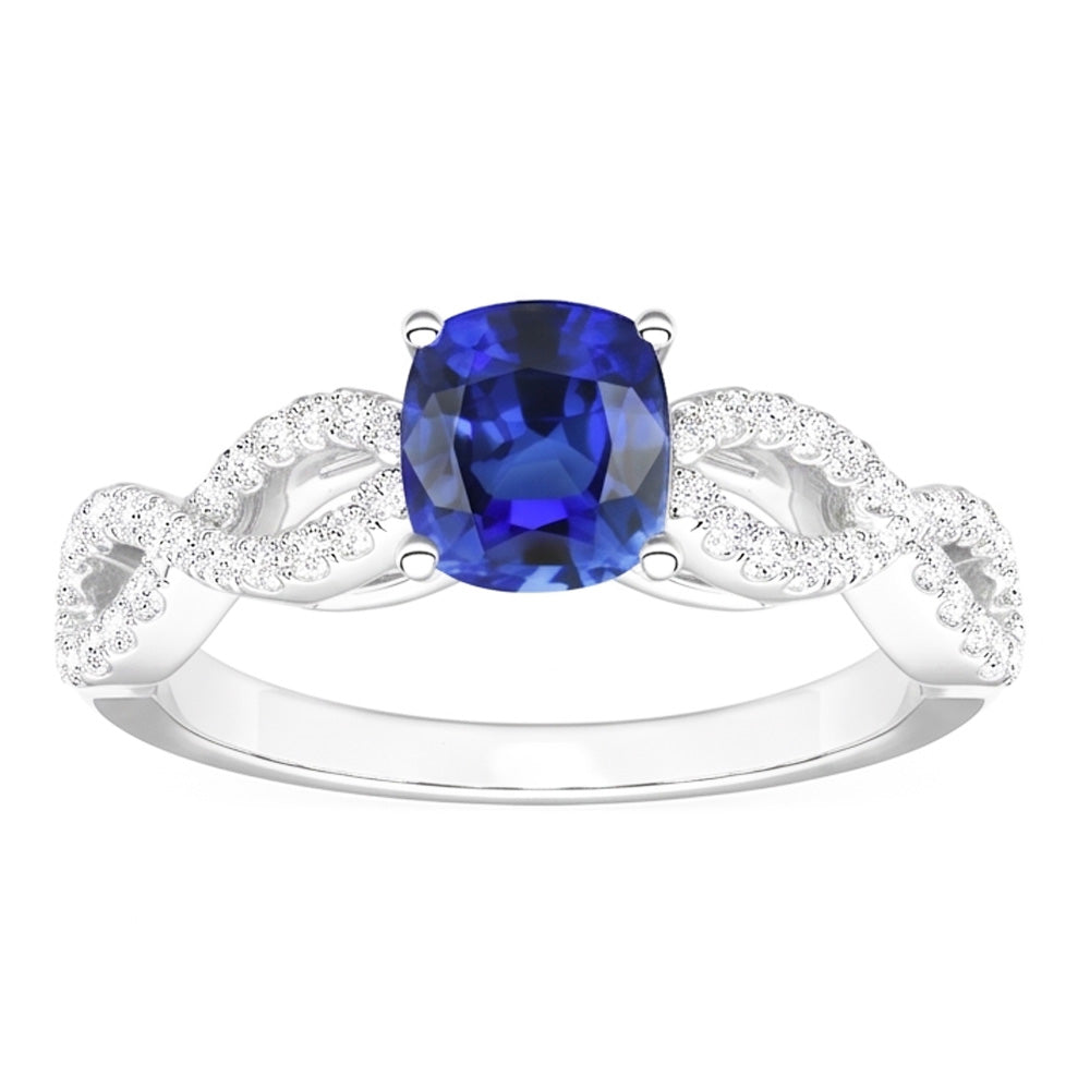 Anello stile infinito con pietra preziosa blu zaffiro cuscino da 3 carati e diamante in oro bianco 14K