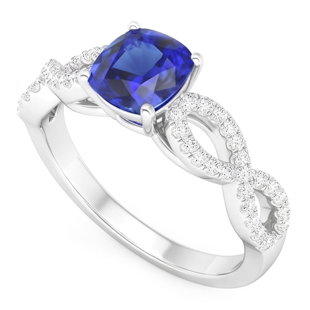 Anello stile infinito con pietra preziosa blu zaffiro cuscino da 3 carati e diamante in oro bianco 14K