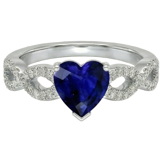 Anello stile infinito con zaffiro blu cuore a 3 carati e pietra preziosa di diamante
