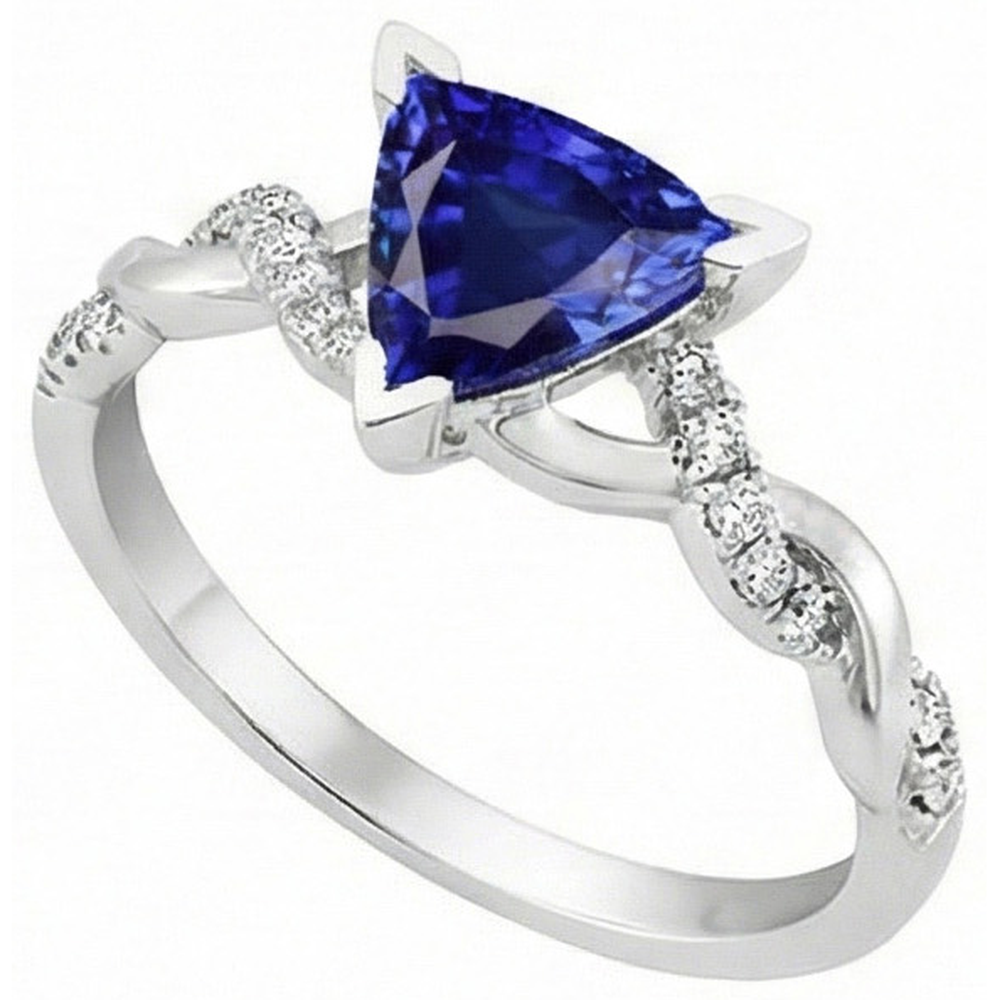 Anello stile intrecciato 2 carati trilioni V poli zaffiro blu e diamante in oro bianco 14K