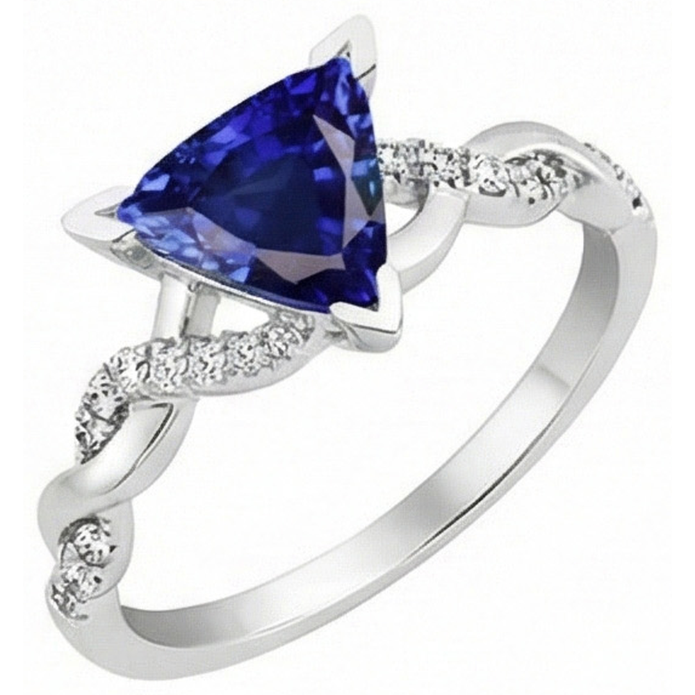 Anello stile intrecciato 2 carati trilioni V poli zaffiro blu e diamante in oro bianco 14K