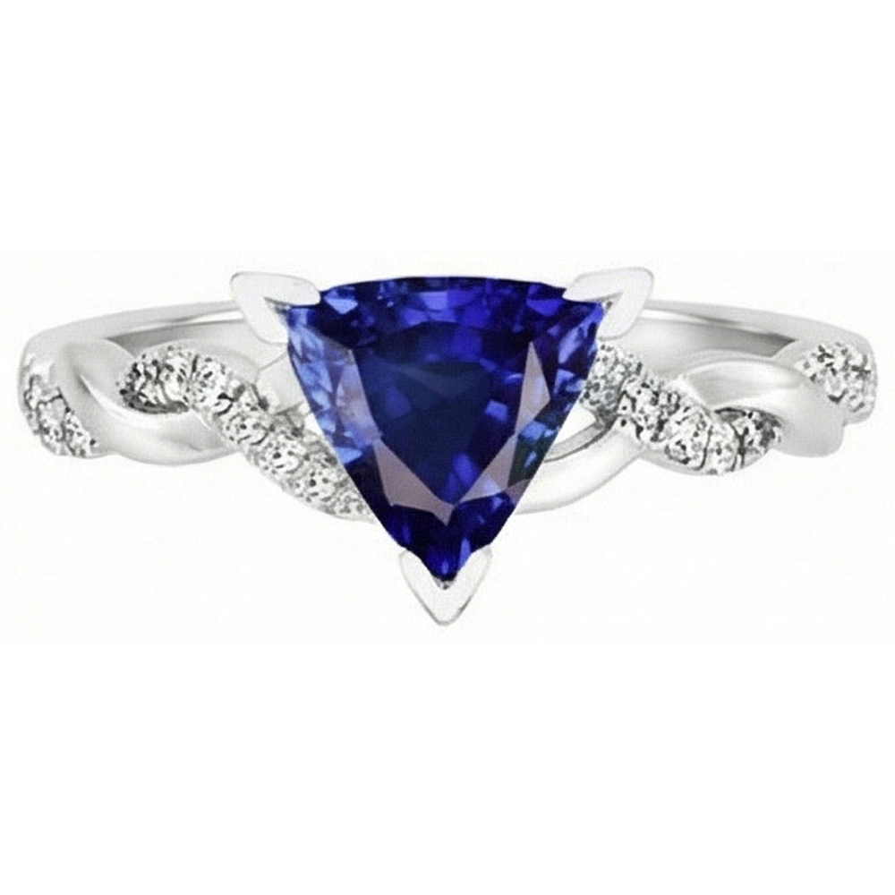 Anello stile intrecciato 2 carati trilioni V poli zaffiro blu e diamante in oro bianco 14K