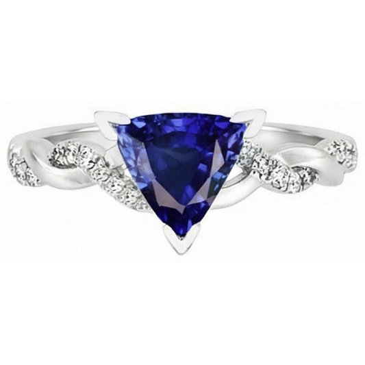 Anello stile intrecciato 2 carati trilioni V poli zaffiro blu e diamante in oro bianco 14K