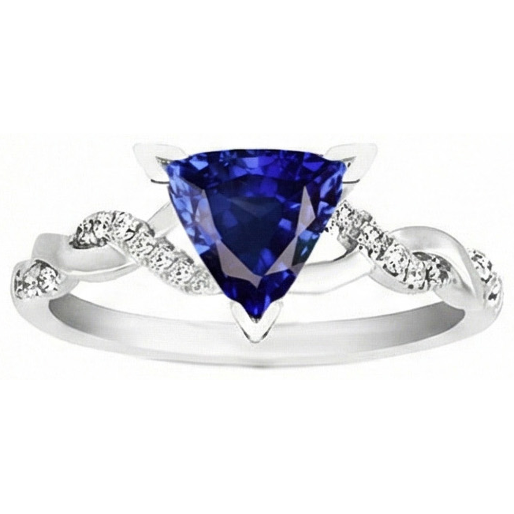 Anello stile intrecciato 2 carati trilioni V poli zaffiro blu e diamante in oro bianco 14K