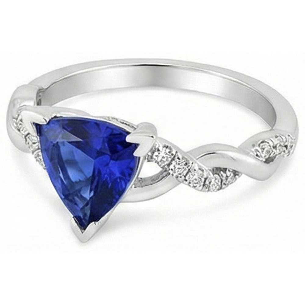 Anello stile intrecciato 2 carati trilioni V poli zaffiro blu e diamante in oro bianco 14K