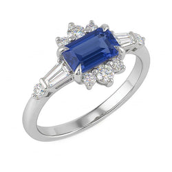 Anello taglio baguette e con zaffiro smeraldo da 2,50 carati e diamante rotondo in oro bianco 14k