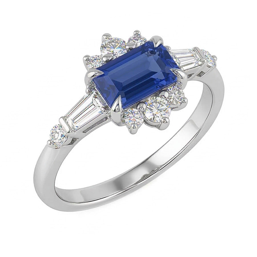 Anello taglio baguette e con zaffiro smeraldo da 2,50 carati e diamante rotondo in oro bianco 14k