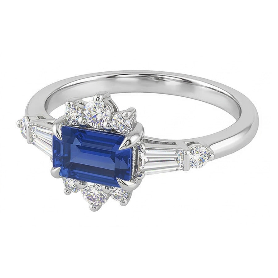 Anello taglio baguette e con zaffiro smeraldo da 2,50 carati e diamante rotondo in oro bianco 14k