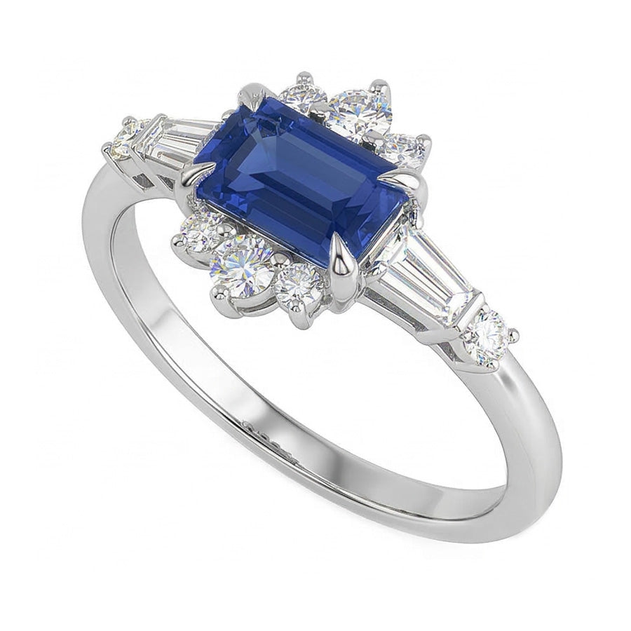 Anello taglio baguette e con zaffiro smeraldo da 2,50 carati e diamante rotondo in oro bianco 14k