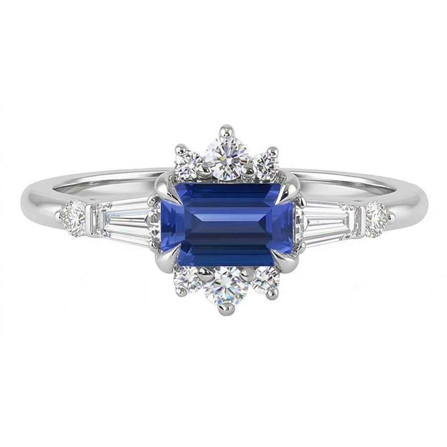 Anello taglio baguette e con zaffiro smeraldo da 2,50 carati e diamante rotondo in oro bianco 14k