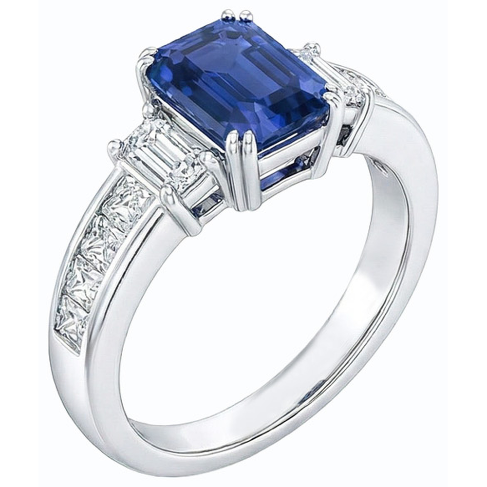 Anello taglio smeraldo con 3 pietre blu zaffiro e diamanti principessa 4 carati