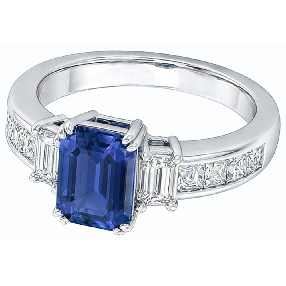 Anello taglio smeraldo con 3 pietre blu zaffiro e diamanti principessa 4 carati