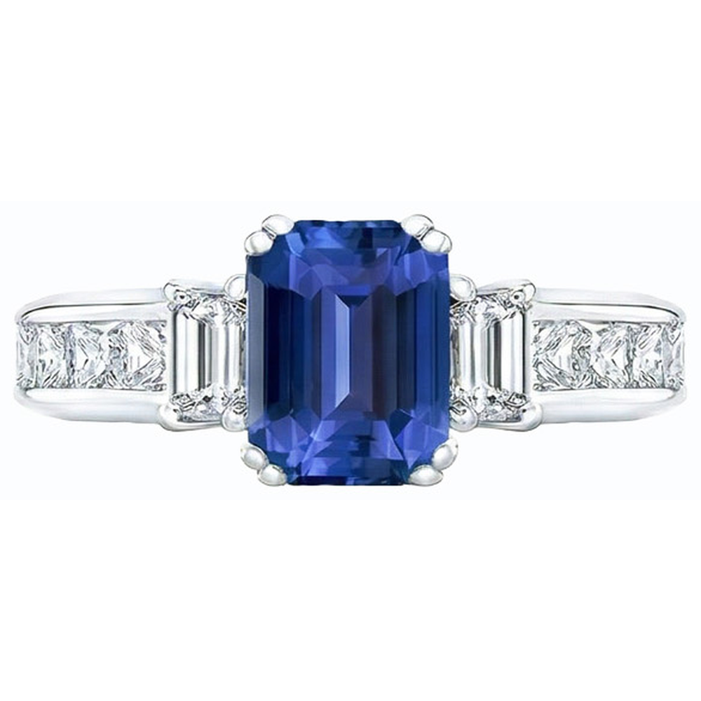 Anello taglio smeraldo con 3 pietre blu zaffiro e diamanti principessa 4 carati
