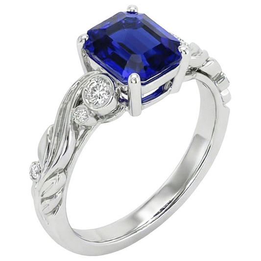 Anello taglio smeraldo con diamanti e zaffiri di Ceylon stile vintage 5,50 carati