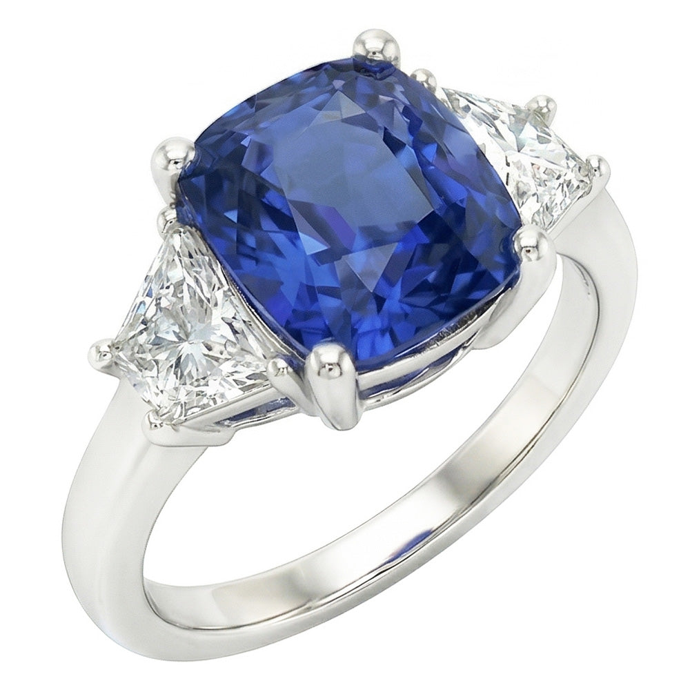 Anello trapezoidale con diamante e cuscino zaffiro blu 3 pietre 2.50 carati