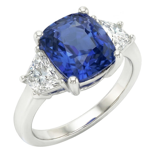 Anello trapezoidale con diamante e cuscino zaffiro blu 3 pietre 2.50 carati