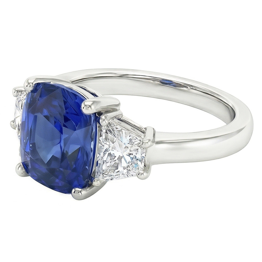 Anello trapezoidale con diamante e cuscino zaffiro blu 3 pietre 2.50 carati