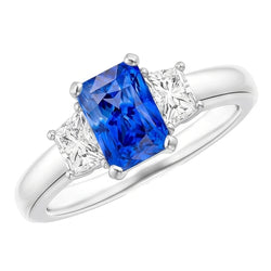 Anello trapezoidale con tre pietre di zaffiro blu taglio radiante a 3 carati